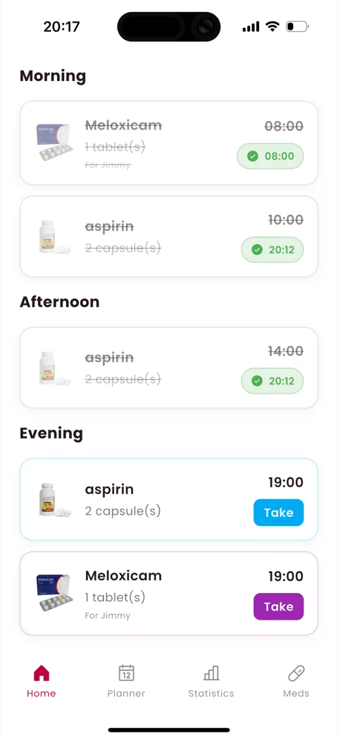 Pillzy home screen listing morning, afternoon and evening doses, with taken doses ticked off